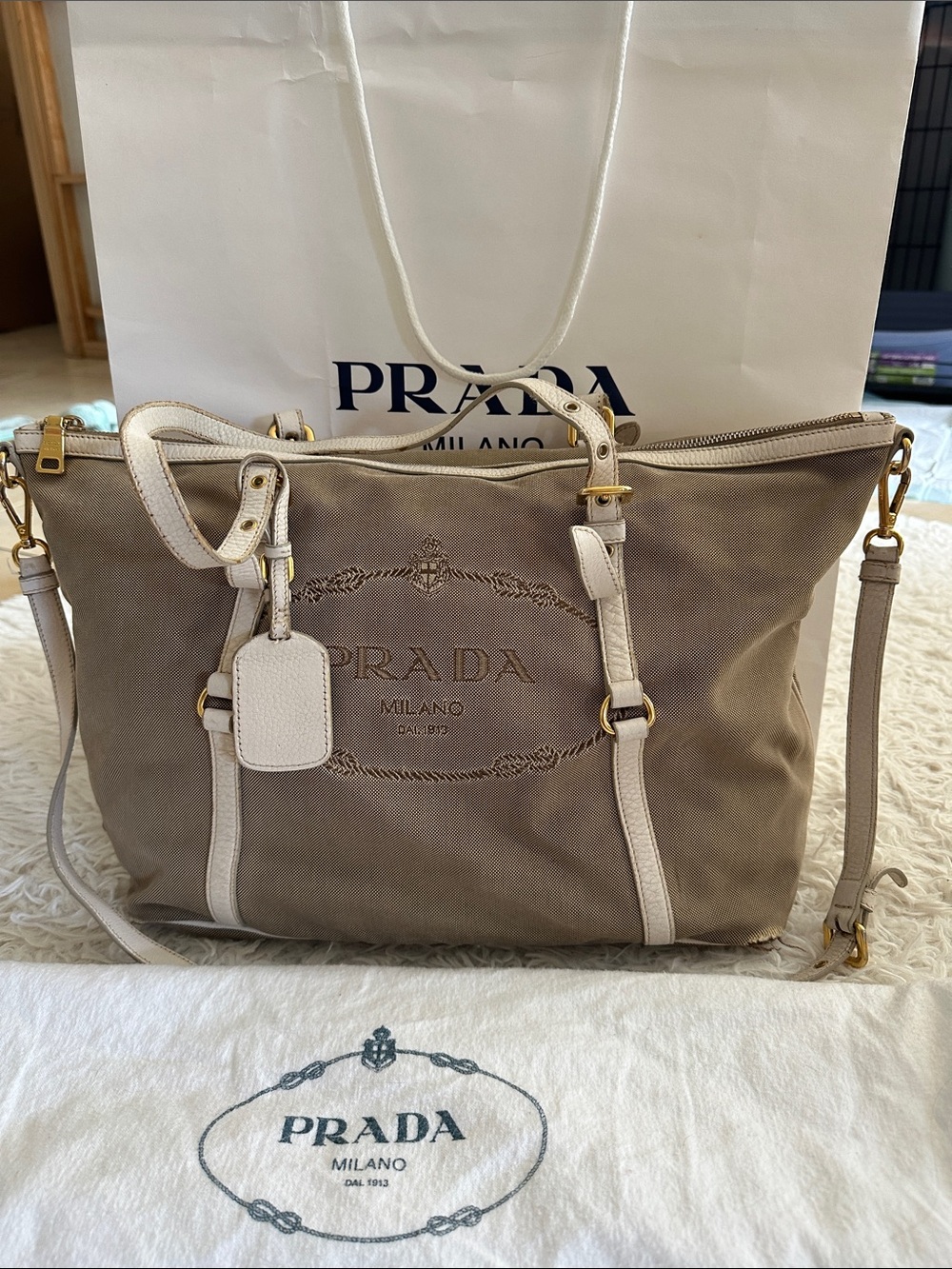 Prada Women's Tan Canvas Tote Bag
